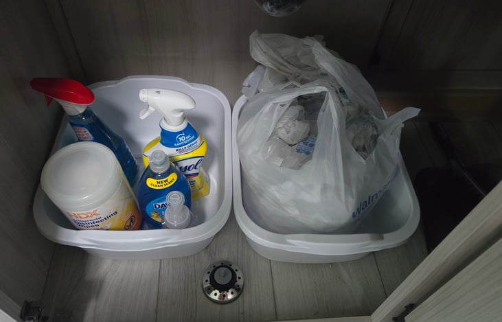 Cleaning wipes, cleaning spray, dish soap, extra bags