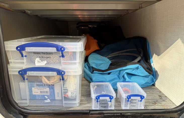 Organized individual storage for straps, bungees, dog tie,  electrical connectors, water hose filter etc.