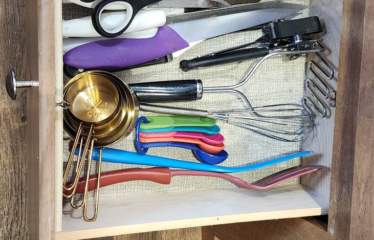 Our camper comes equipped with kitchen items for your cooking needs. We also include a cutting board, vegetable peeler, silverware, plates, cups, and bowls.