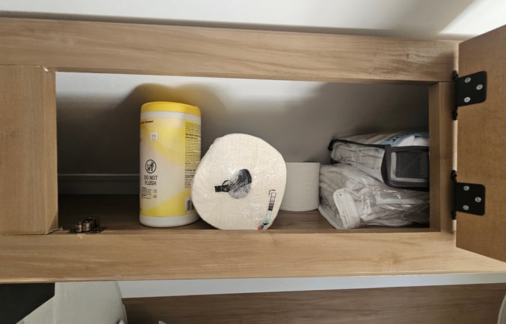 Sanitation wipes to wipe down counter tops (DO NOT FLUSH), extra Toilet Paper and Paper towels are provided as well. Dish and hand soap are under the sink.