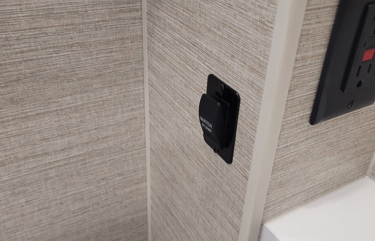 Water pump on/off switch located in bathroom.  Not required when using city/campsite hookup as there is pressure coming in from mains.
