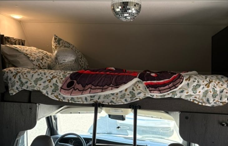 Over the driver full-sized bunk. TV tucks into the bunk area or can be pulled out.