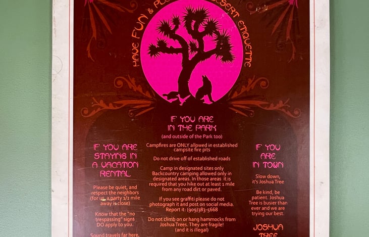 You are visitors to the ancestral homelands of the Cahuilla, Serrano, Chemehuevi and Mojave peoples. Please treat the desert and the locals (humans, plants and animals alike!) with respect.