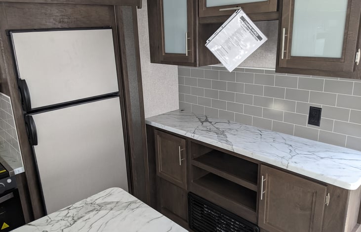 Fridge and coffee nook.