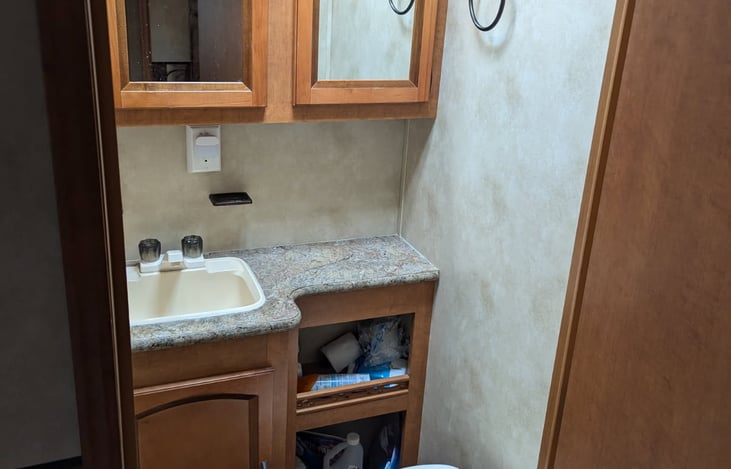 Bathroom with flush toilet, mirrored vanity and full-sized shower.