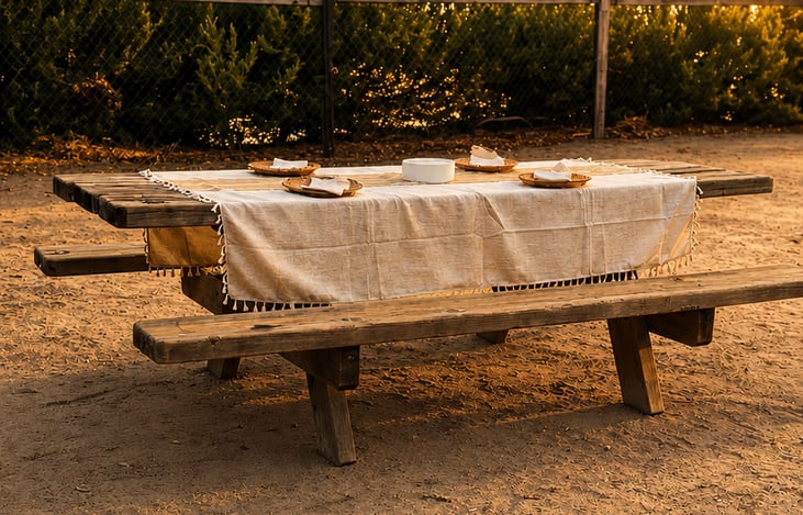 Thoughtfully set with a table runner, plates, linens, and a citronella candle for those slow sunset evenings, this outdoor setup is ready for everything from morning coffee to dinner under the sky. It