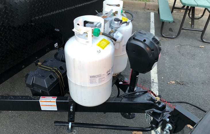 Front Side (Dual Propane Tanks, Power Jack, Weight Distribution Hitch)