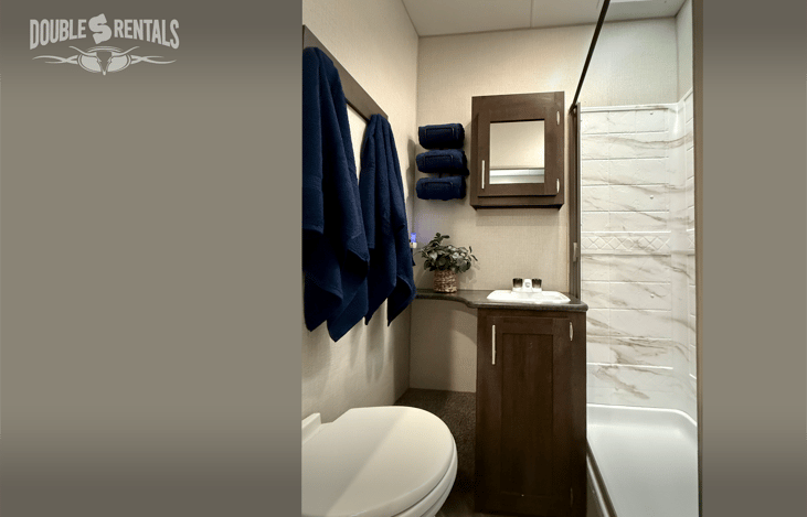 Bath with walk-in shower, and skylight.
