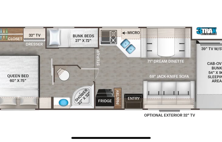 Ample floor space and pass-through bathroom enhance usability of this vehicle.