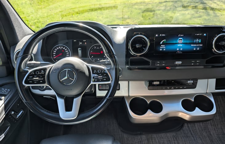 Very nice Mercedes cabin with all the modern technology to keep you comfortable and safe. Touch screen in the middle manages the Sprinter and can easily connect your Apple CarPlay too.