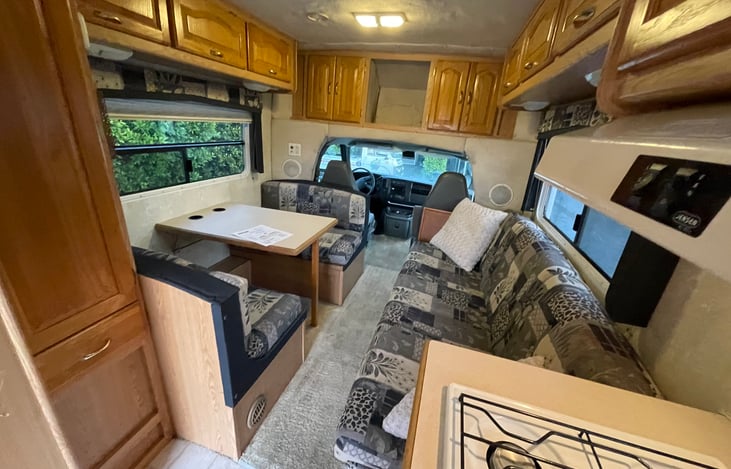 Full size sofa bed and a convertible dinette offer seating for 8 adults with a seatbelt. They also serve double duty as full size beds for average site adults.
