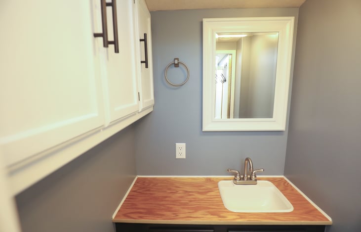 Cabinets, mirror and sink in the bathroom. Also has a good over head exhaust fan.