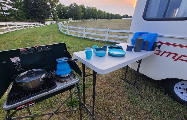 Outdoor kitchen provided (preferred to indoor cooking) along with coffee equipment, silverware, cooking utensils, etc.
