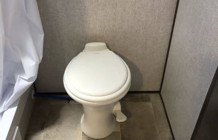 Toilet with foot flush.