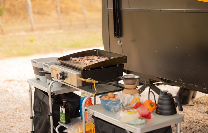 Easy to setup outdoor kitchen brings everyone together under the massive outdoor canopy.