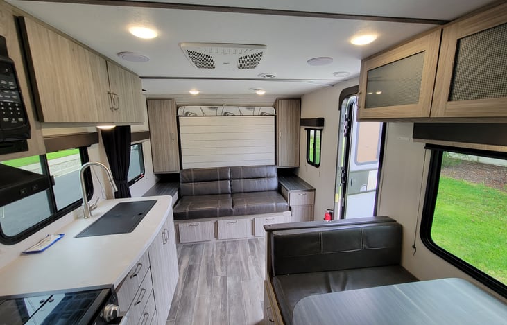 Murphy bed in the up position. Allows for a great amount of room.