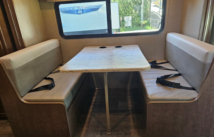 Four seatbelts for safe seating.