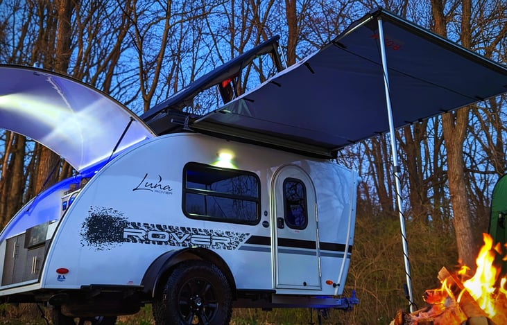 The Luna Rover teardrop overland trailer with roof top tent, awning, and loads of fun!