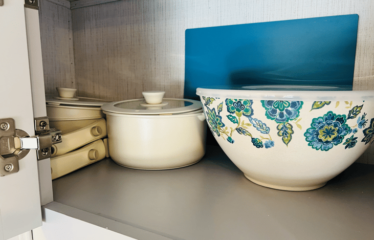 Pots and pans, along with mixing bowls are provided