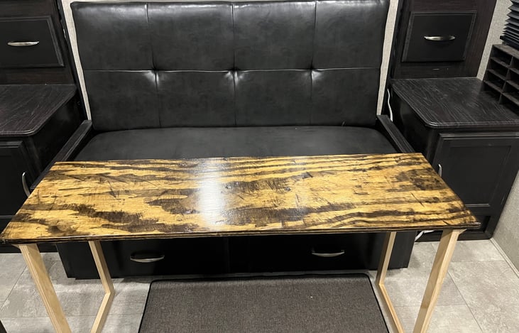 Folding table replaces the dinette, which was replaced by two super-comfy recliners.