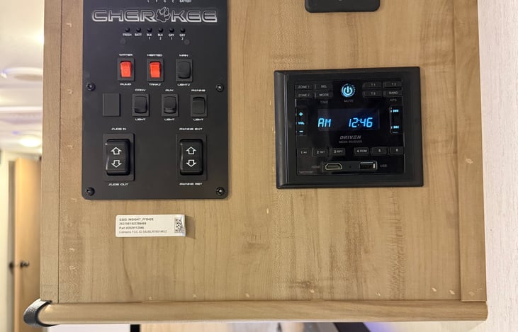 Control panel. Check tank levels, control lights, awning, slide out and bluetooth stereo with interior and exterior speakers