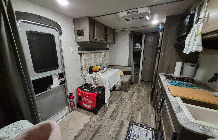 Two full sizes beds / bunks in back left. Clean sheet, pillows, and comforter provided for all beds. If Generator is not needed. We can provide a dog bed or pack-n-play, or toddler air mattress.