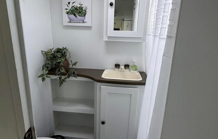 Updated picture of bathroom after adding decor and new shower curtain 5/2024