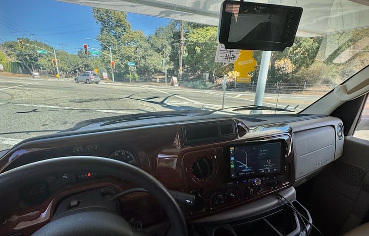 Wooden Dash with Two Touch Screen Monitors
Top: Driver Assistance Cameras
Bottom: CarPlay/Audio/Nav