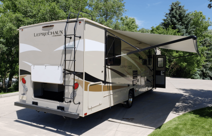 Exterior view with awning out.