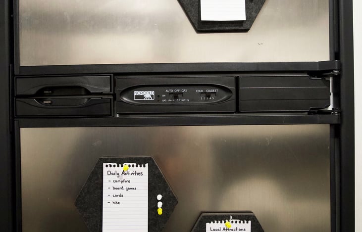 Bulletin boards for your To-do’s, reminders and recipes. You will find ice cube trays and an ice box in the freezer section and a jug to keep cold water in the fridge.