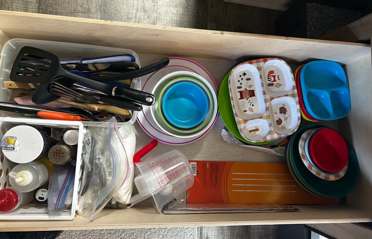 plates, bowls, dishes, silverware, utensils, knives, etc.