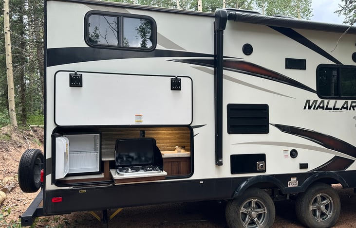 Outdoor Kitchen with fridge, stove, and sink