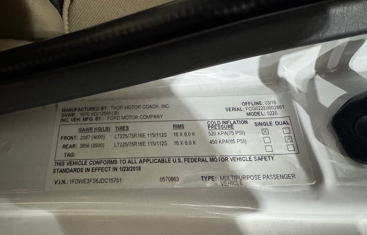 RV information located inside the driver door panel.