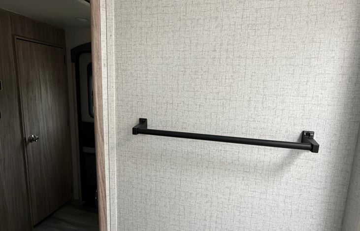 Inside of restroom, looking towards travel trailer entrance. It is surprisingly roomy