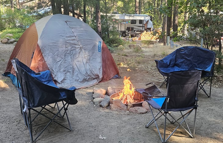 Camping Chairs for 5.
2 Bench style chairs and 1 single fold up chair included. (Tent not included)