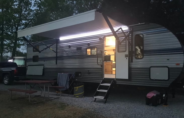 exterior with LED lighting under awning