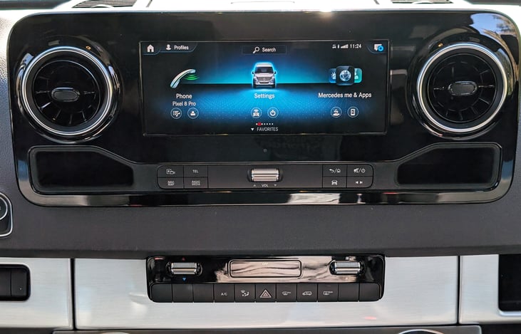 Very nice Mercedes cabin with all the modern technology to keep you comfortable and safe. Touch screen in the middle manages the Sprinter and can easily connect your Apple CarPlay too.