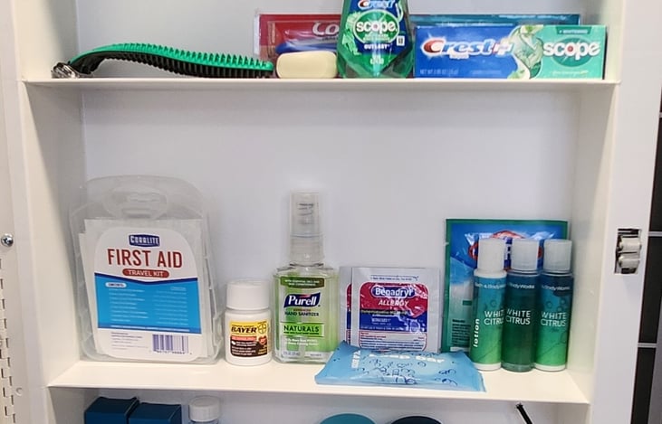 All bathroom essentials included, all brand new sample size items available for your use.  Toothpaste, toothpaste, shampoo, mouthwash, purell, first aid kit, and more.