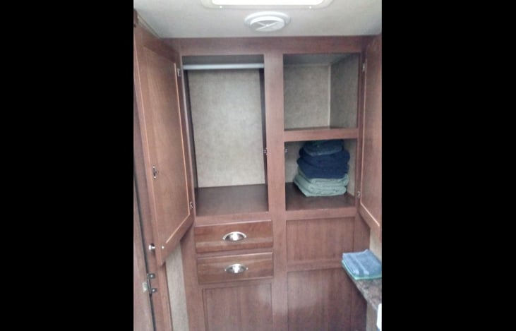 Lots of storage in bathroom.