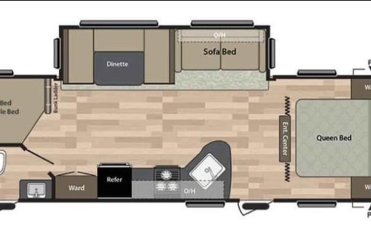 2 full bends on bunk, Dinette table folds down to sleeping area, Sofa bed  also allows a sleeping spot.