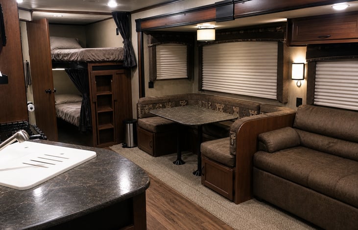 Large 2 person bunks. Table and surround seating can convert into a smaller bed as well as the sofa.