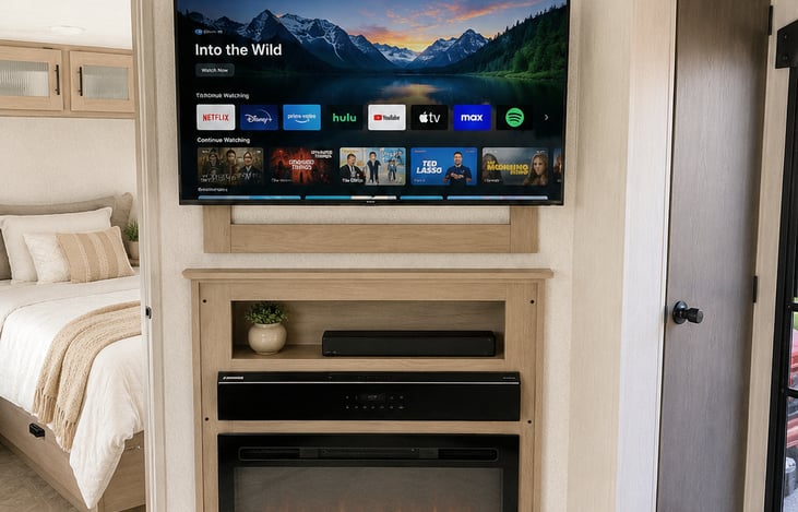 Enjoy a 42" Roku TV, HDMI 2-zone Stereo System with outside speakers, and a beautiful electric fireplace.