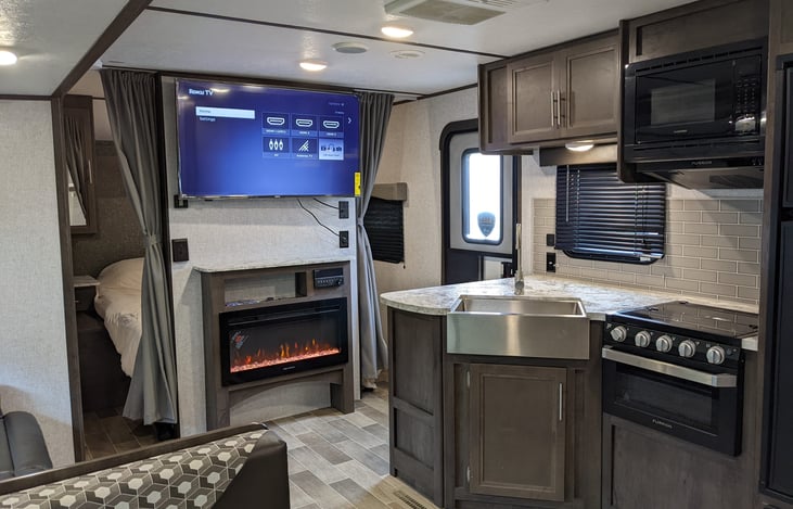 Interior, kitchen, fireplace and entertainment