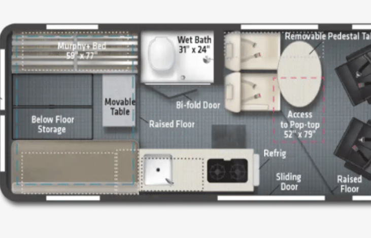 Floorplan
This Solis includes the optional sofa/bed which includes two additional seat belts. Seats 6 / Sleeps 4