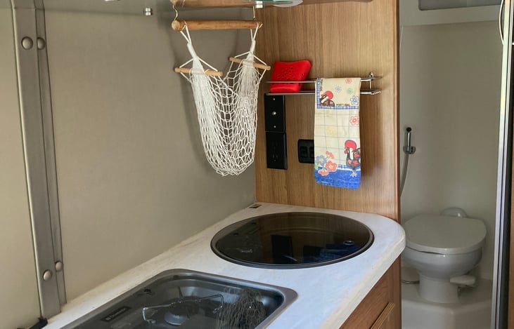 Kitchen with sink and two-burner cooktop & Bathroom