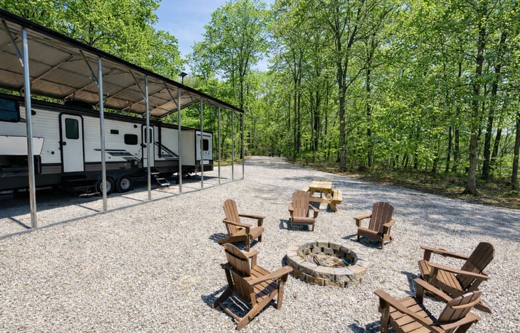 Fire pit with 6 reclined chairs and 8’ picnic table
