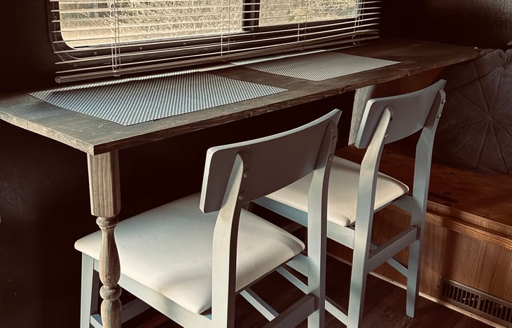 Remodeled dining area with bar style table seating