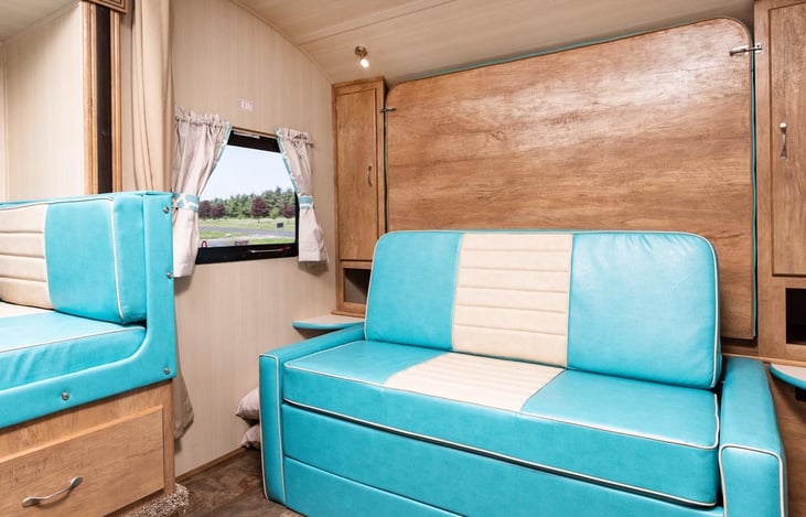 Queen size Murphy bed is stowed away.