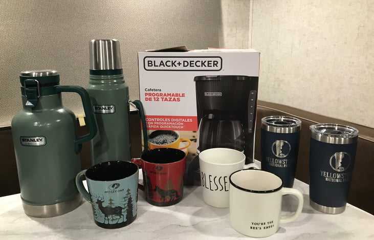 Coffee maker, Yeti insulated drink holders and cups