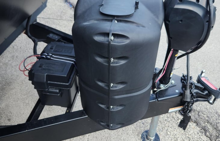 Solar charged battery, two 20 gallon propane tanks and electric hitch